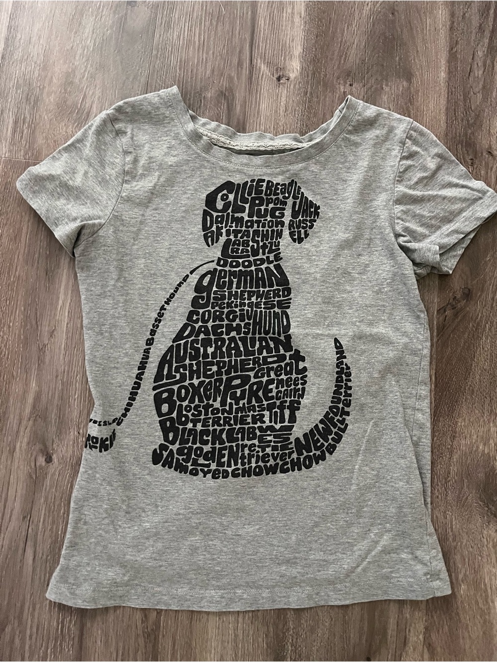 Women’s Small Saturday Market TeeGray Dog Typography Tee with Black Print - Gray